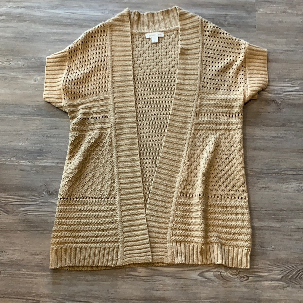Tan shirt sleeve open front sweater